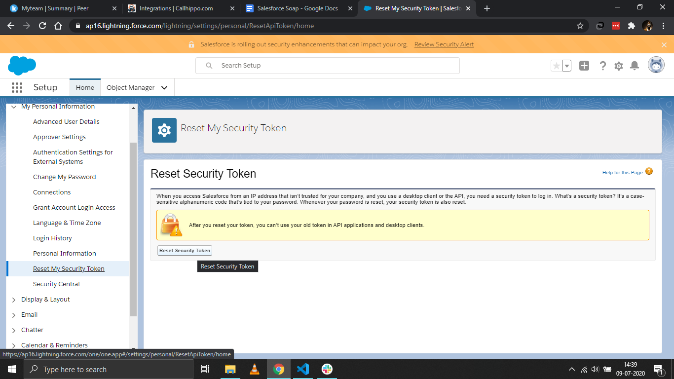 Salesforce Reset My Security Token page with the Reset Security Token button
