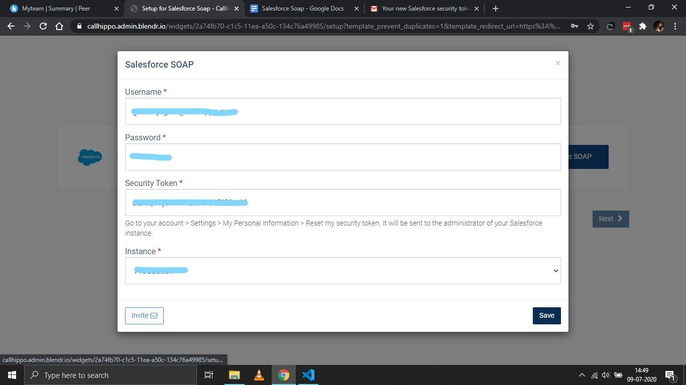 CallHippo Salesforce SOAP popup with Username, Password, Security Token and Instance fields