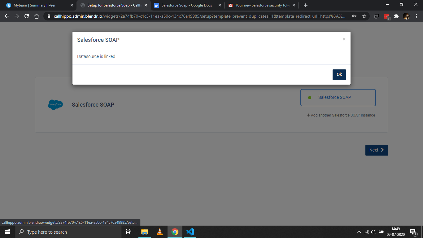 CallHippo showing a Datasource is linked confirmation for Salesforce SOAP