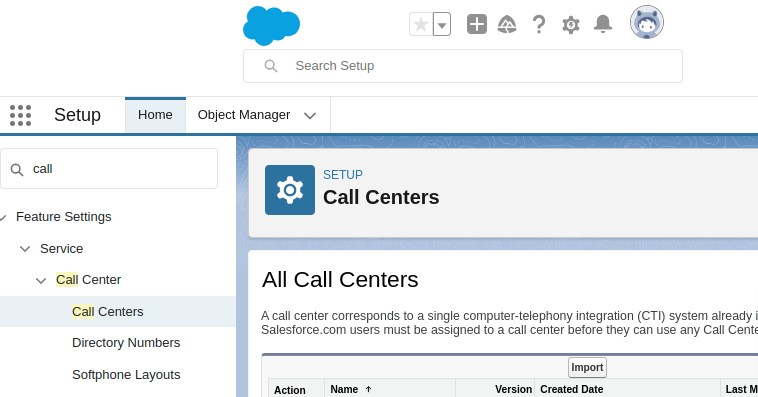 Salesforce Setup with Call Centers found by searching call in the setup menu
