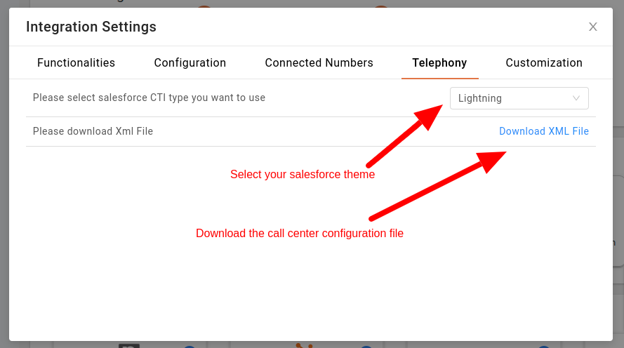 CallHippo Integration Settings Telephony tab with Salesforce CTI type selector and Download XML File link