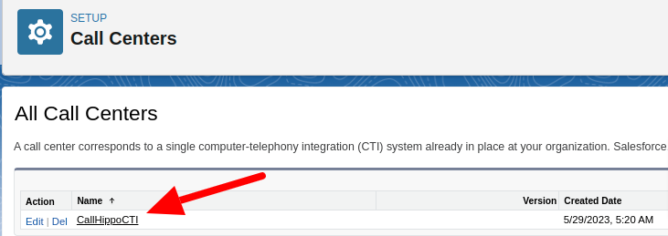 Salesforce All Call Centers list showing the imported CallHippoCTI call center