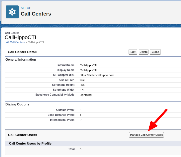 Salesforce CallHippoCTI Call Center Detail page with the Manage Call Center Users button highlighted