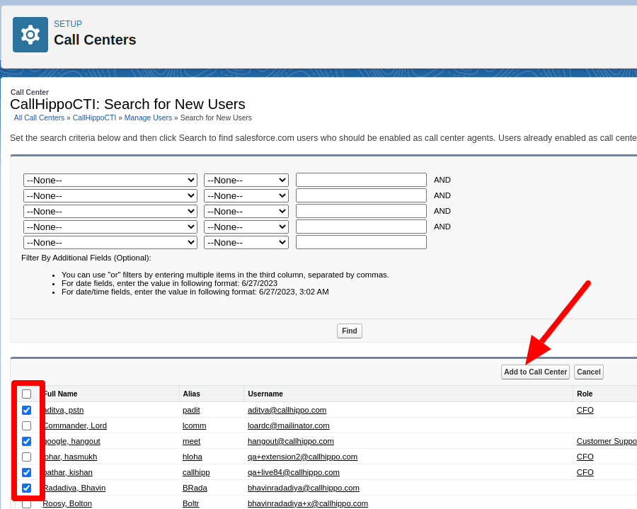 Salesforce Search for New Users screen with users selected and the Add to Call Center button highlighted