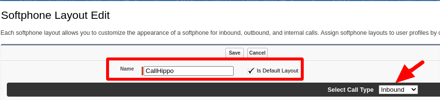 Salesforce Softphone Layout Edit screen with a name and the Is Default Layout option checked