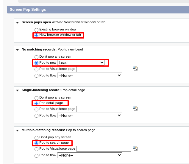Salesforce Softphone Layout Screen Pop Settings with recommended options selected