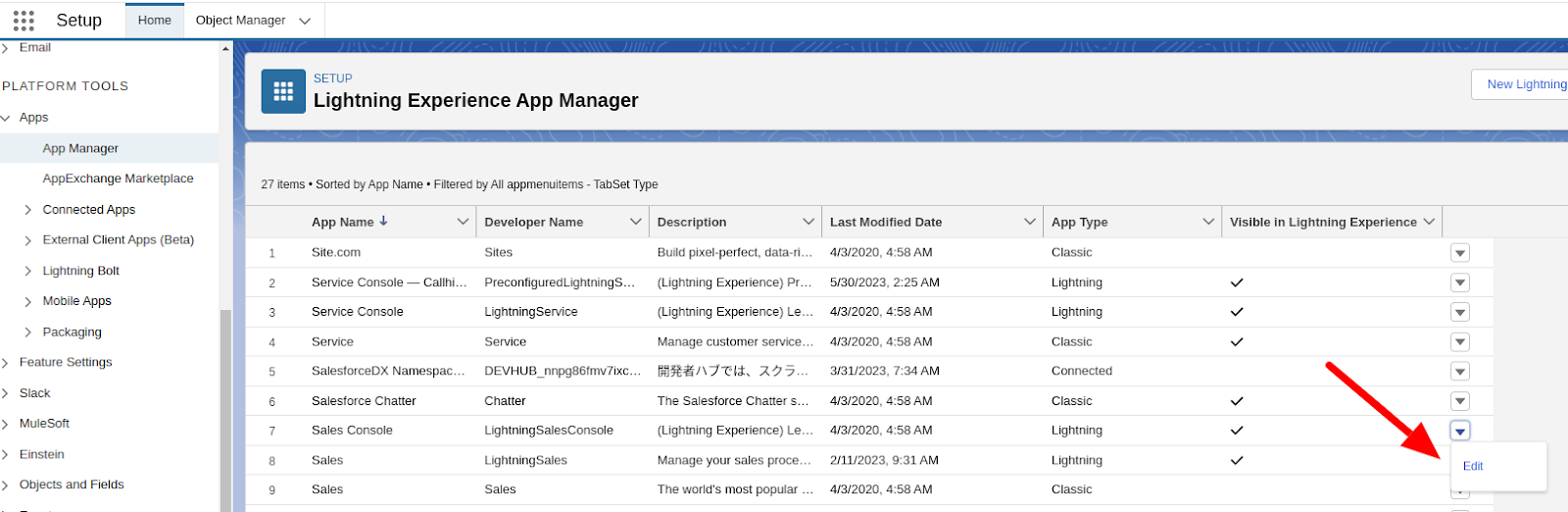 Salesforce Lightning Experience App Manager with the Edit option for the Sales Console app