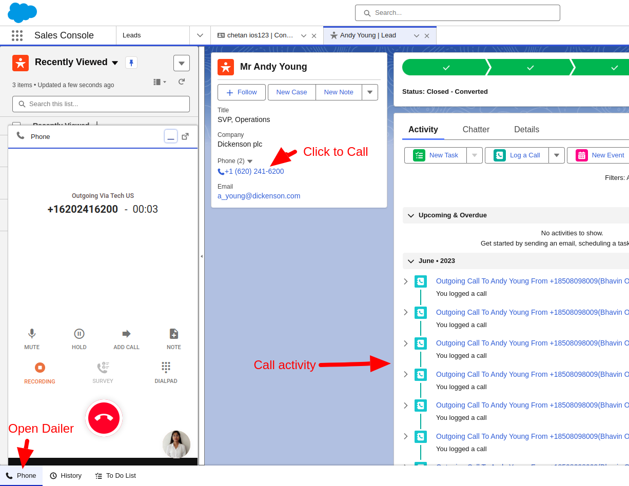 Salesforce Sales Console with the CallHippo phone utility open, click-to-call, and call activity logged on a lead