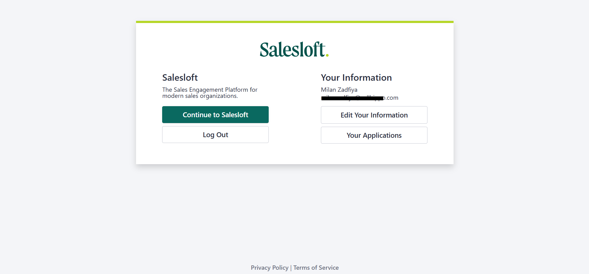 Salesloft account page with Your Applications button