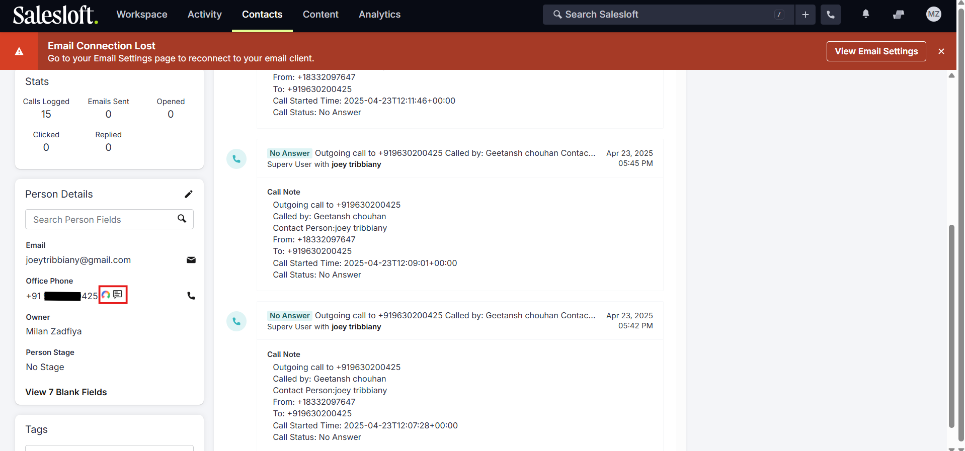 Salesloft person record with CallHippo click-to-call and SMS icons next to the phone number