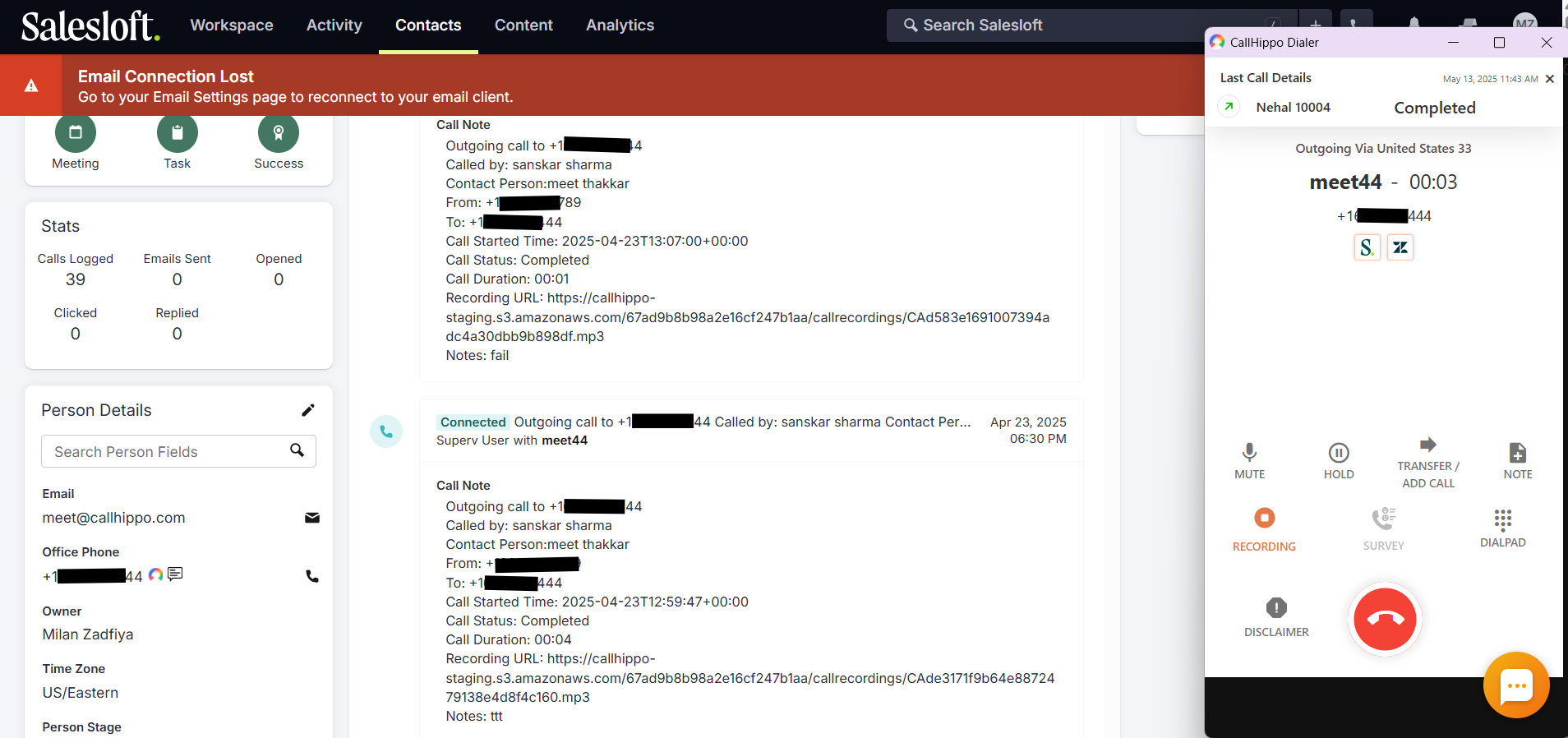 CallHippo dialer placing an outgoing call from within Salesloft