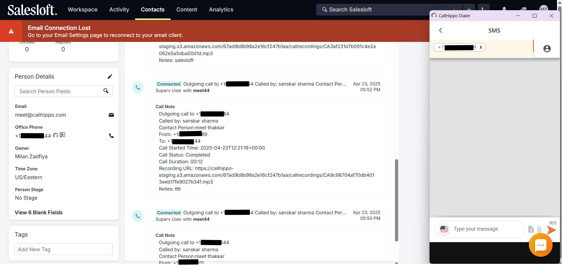CallHippo SMS panel open inside Salesloft