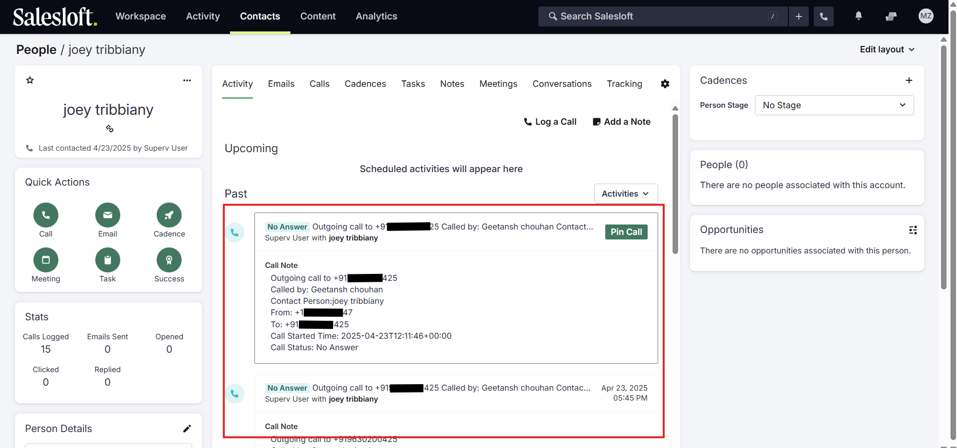 Salesloft person activity feed showing synced CallHippo call logs