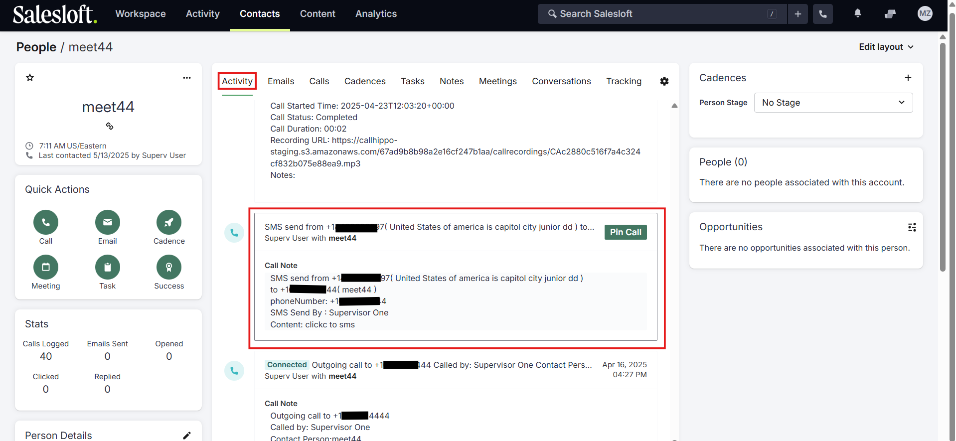 Salesloft person activity feed showing a synced CallHippo SMS log