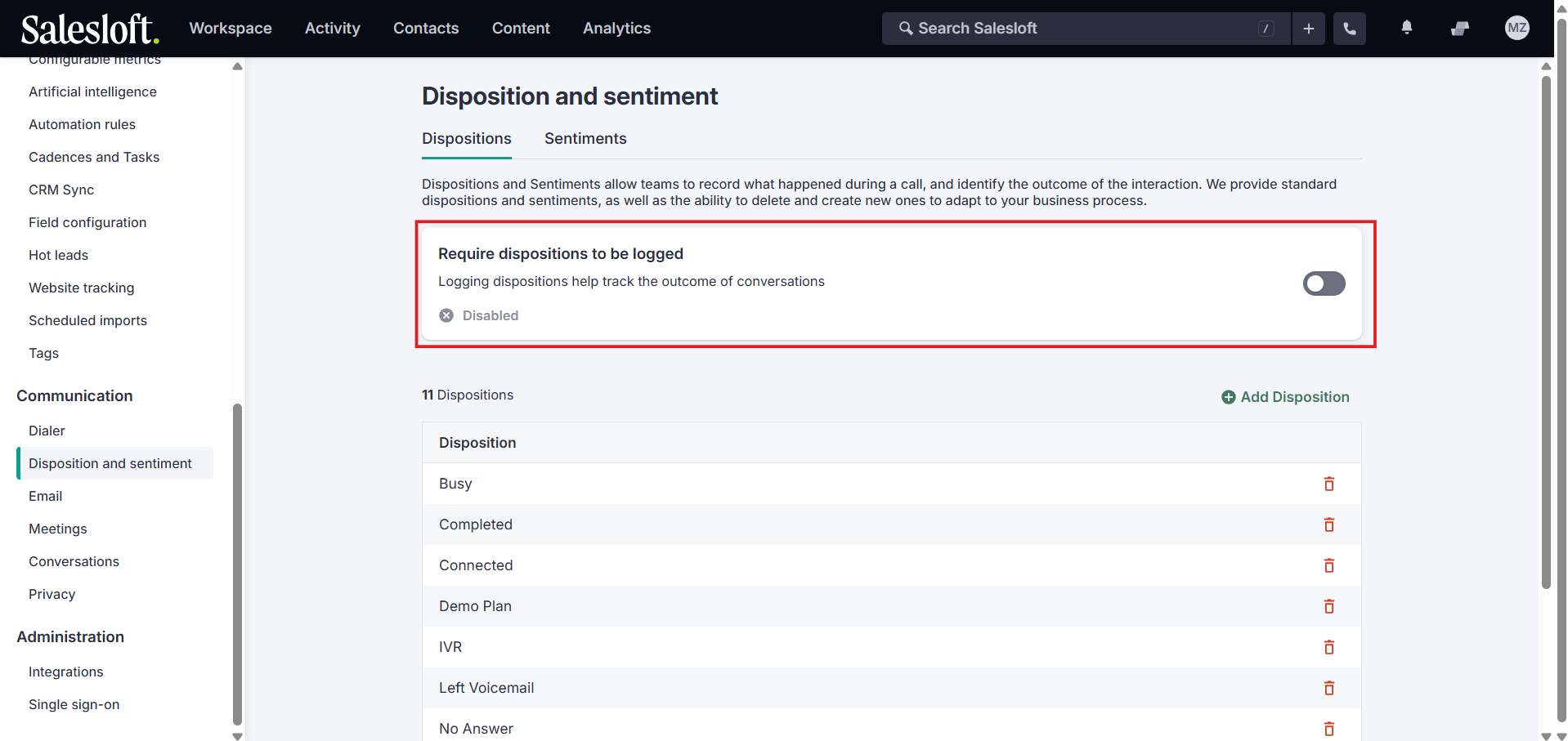 Salesloft dispositions setting with the require dispositions toggle turned off