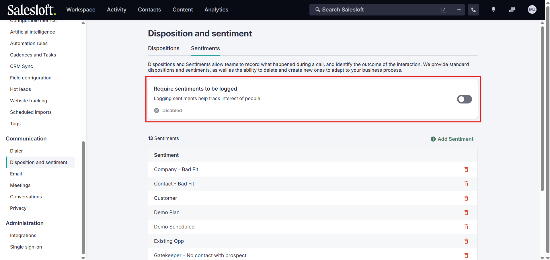 Salesloft sentiments setting with the require sentiments toggle turned off