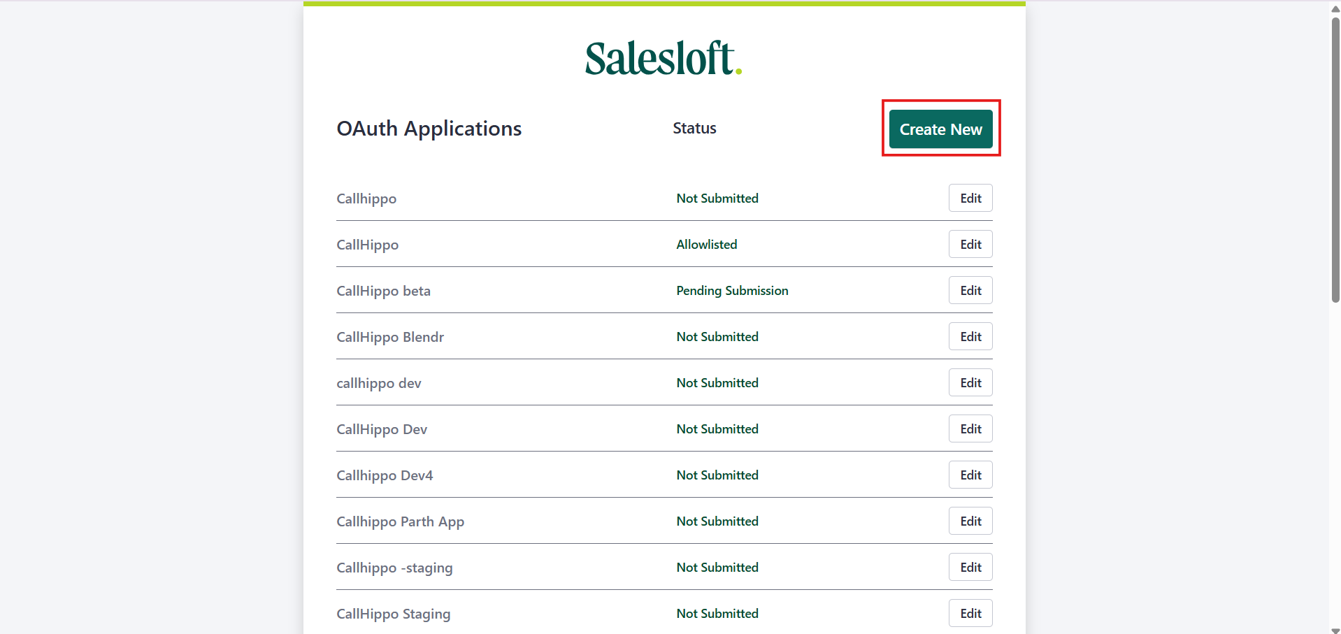 Salesloft OAuth Applications list with Create New button highlighted