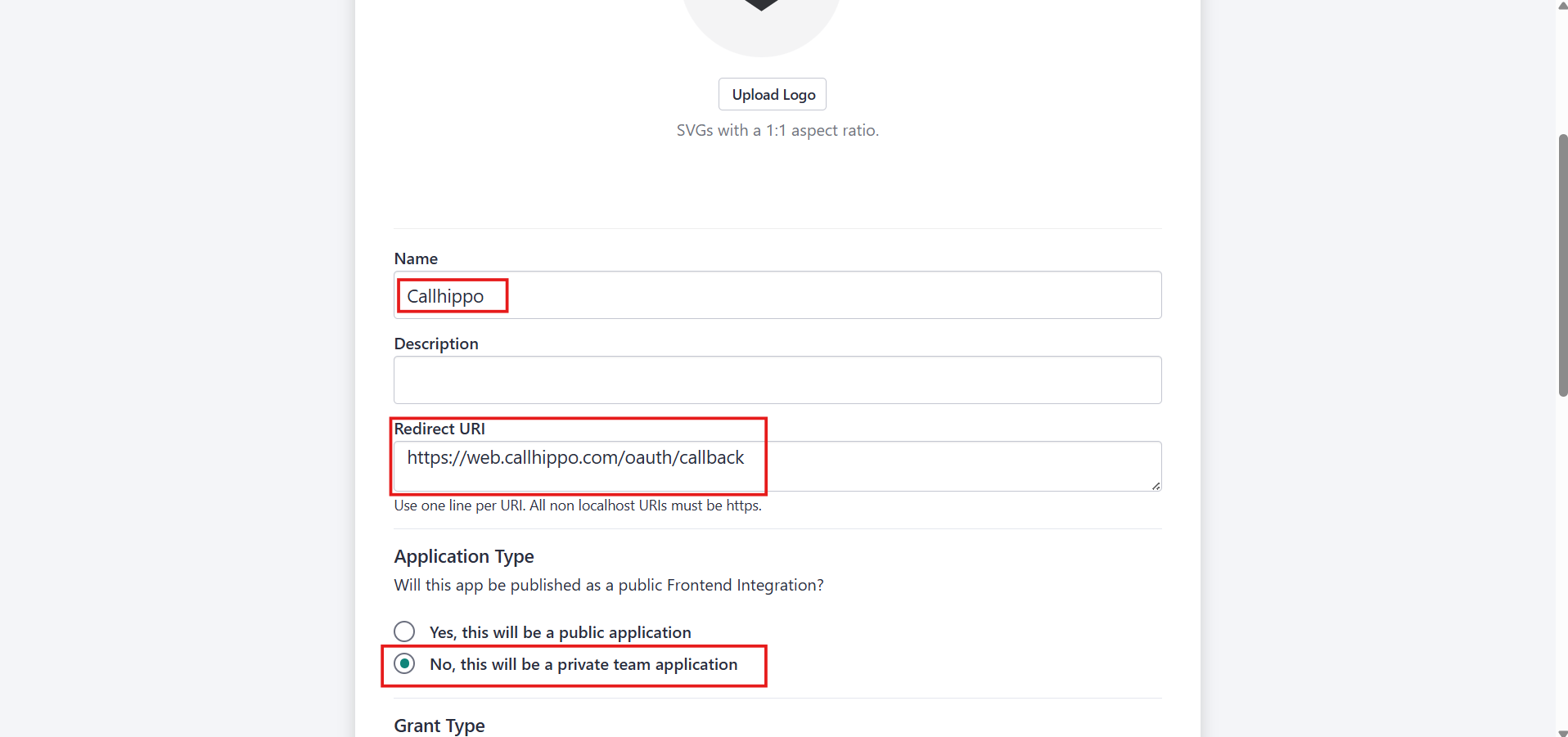 Salesloft app form showing Name, Redirect URI, and private team application type