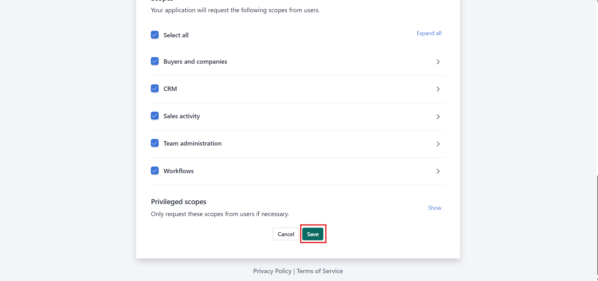 Salesloft scopes selection with Save button highlighted