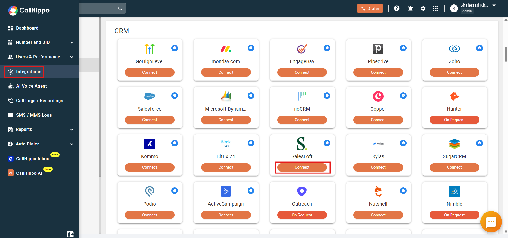 CallHippo Integrations page with Salesloft Connect button highlighted