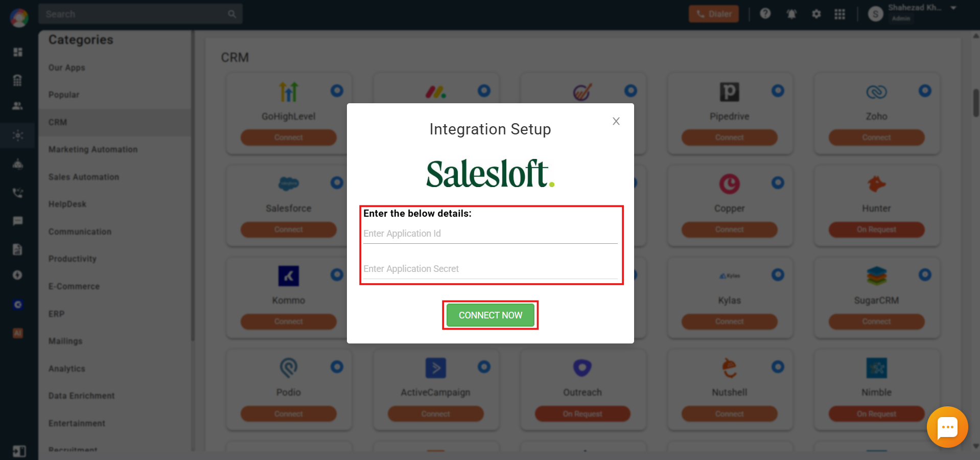 CallHippo Salesloft integration setup modal with Connect Now button