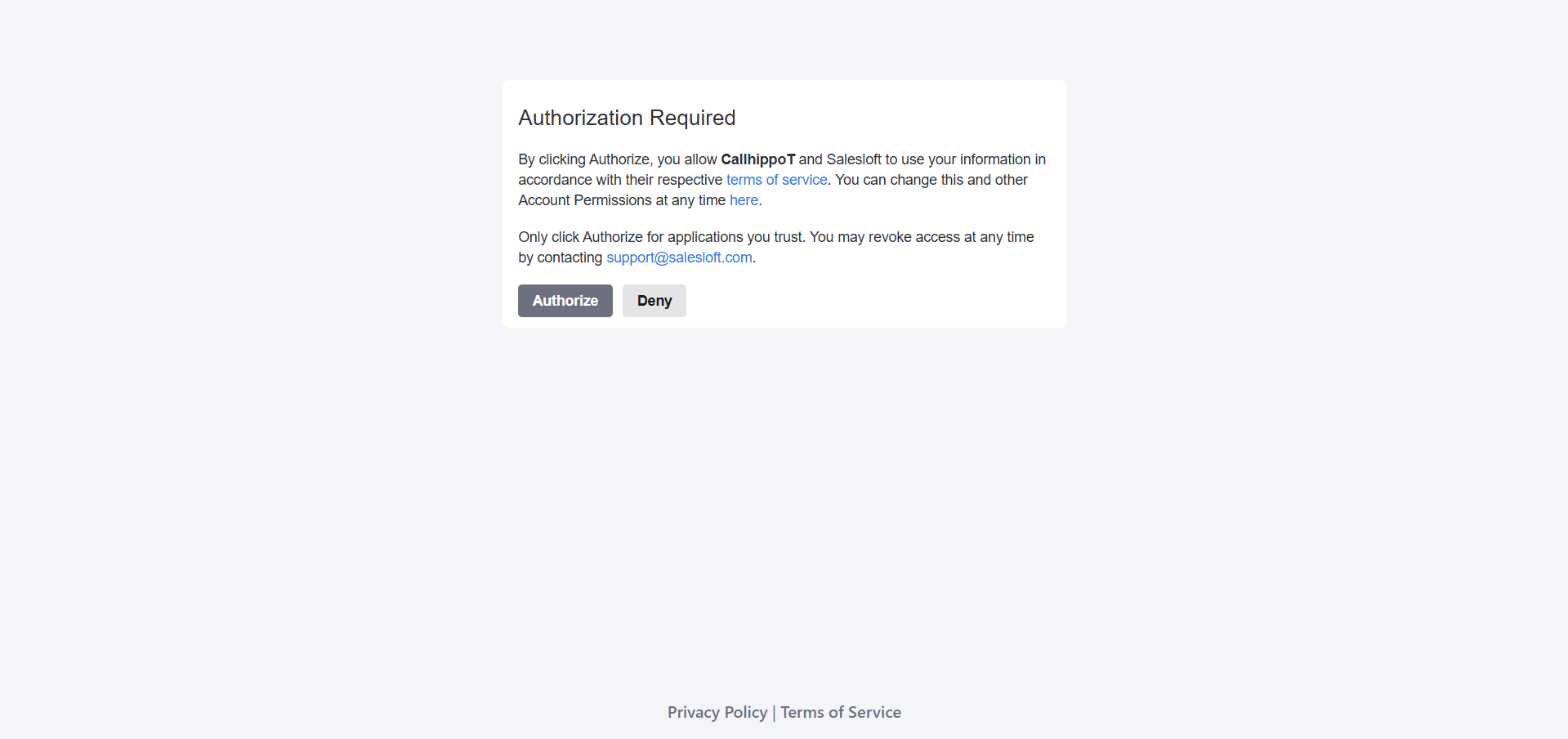 Salesloft authorization required screen with Authorize button