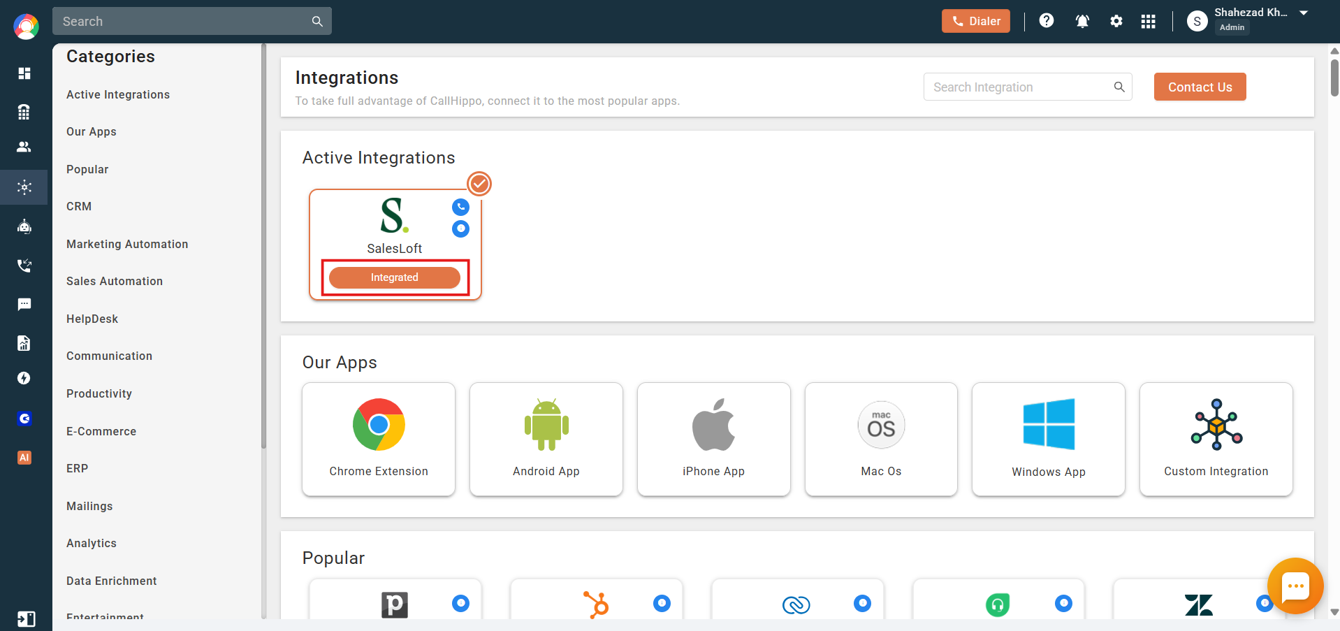 CallHippo active integrations showing Salesloft as Integrated
