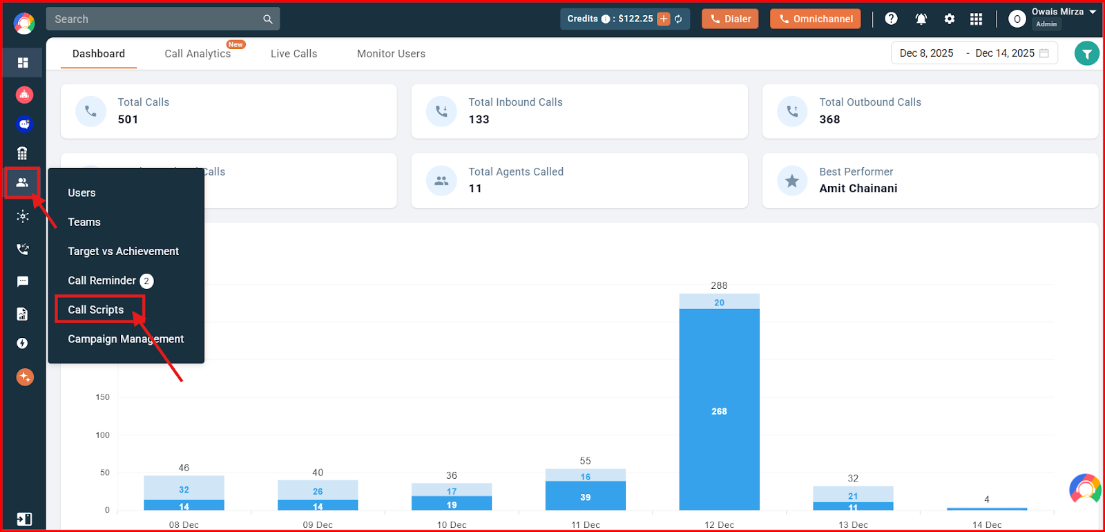 CallHippo dashboard with Users and Performance menu open and Call Scripts highlighted
