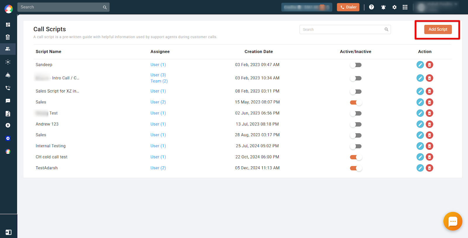 CallHippo Call Scripts list with the Add Script button highlighted in the top right