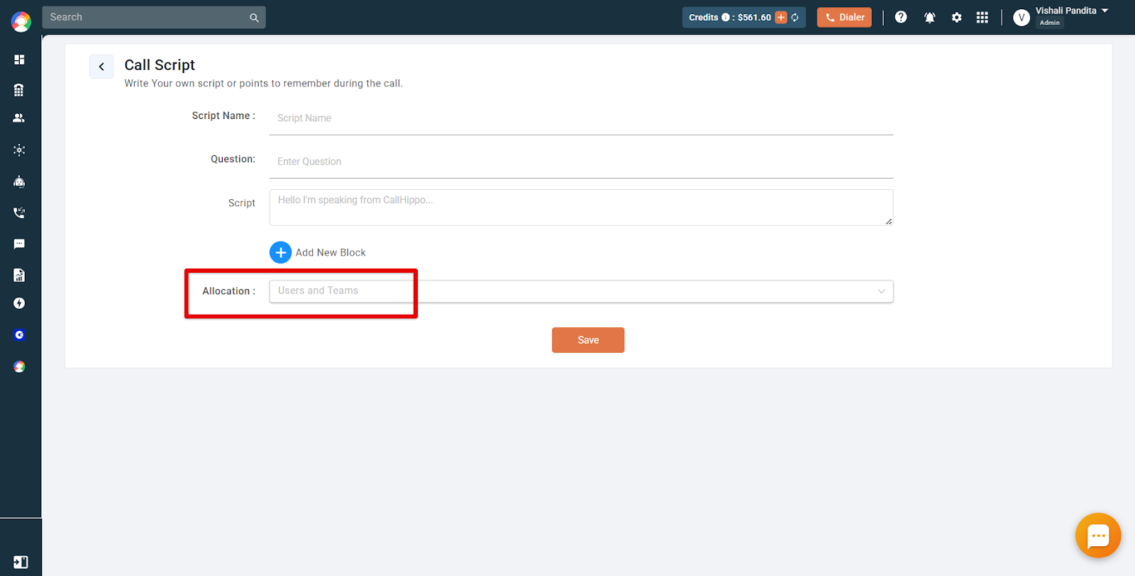 CallHippo Call Script form showing Script Name, Question, Script, and Allocation to Users and Teams