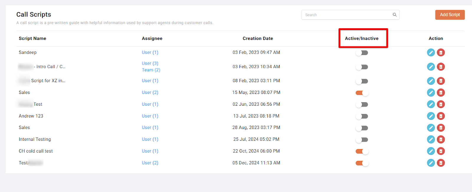CallHippo Call Scripts list with the Active Inactive status column highlighted