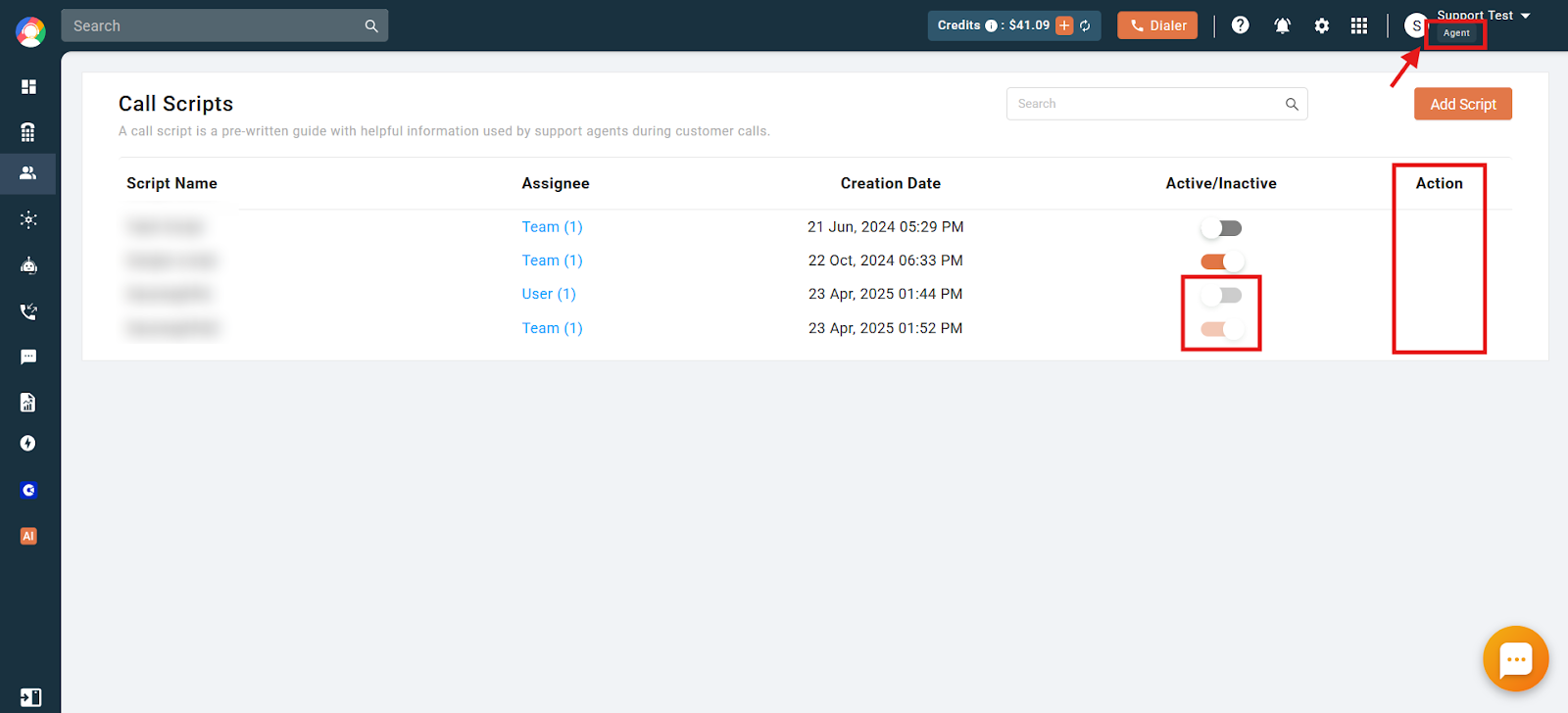 CallHippo Call Scripts page viewed by an Agent showing limited Action controls