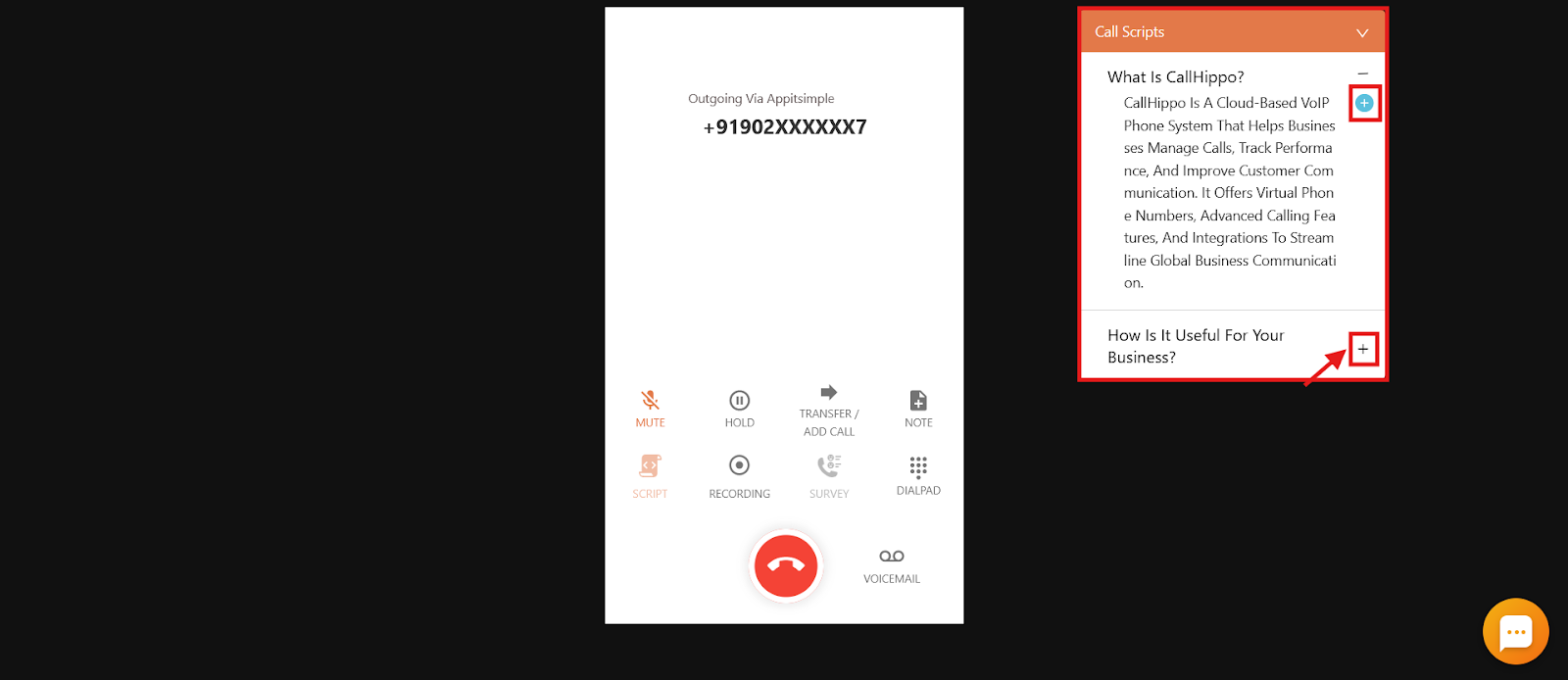 CallHippo dialer during a call with the Call Scripts panel and Add button to expand script content