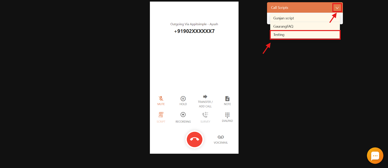 CallHippo dialer showing the Call Scripts dropdown to select from multiple assigned scripts