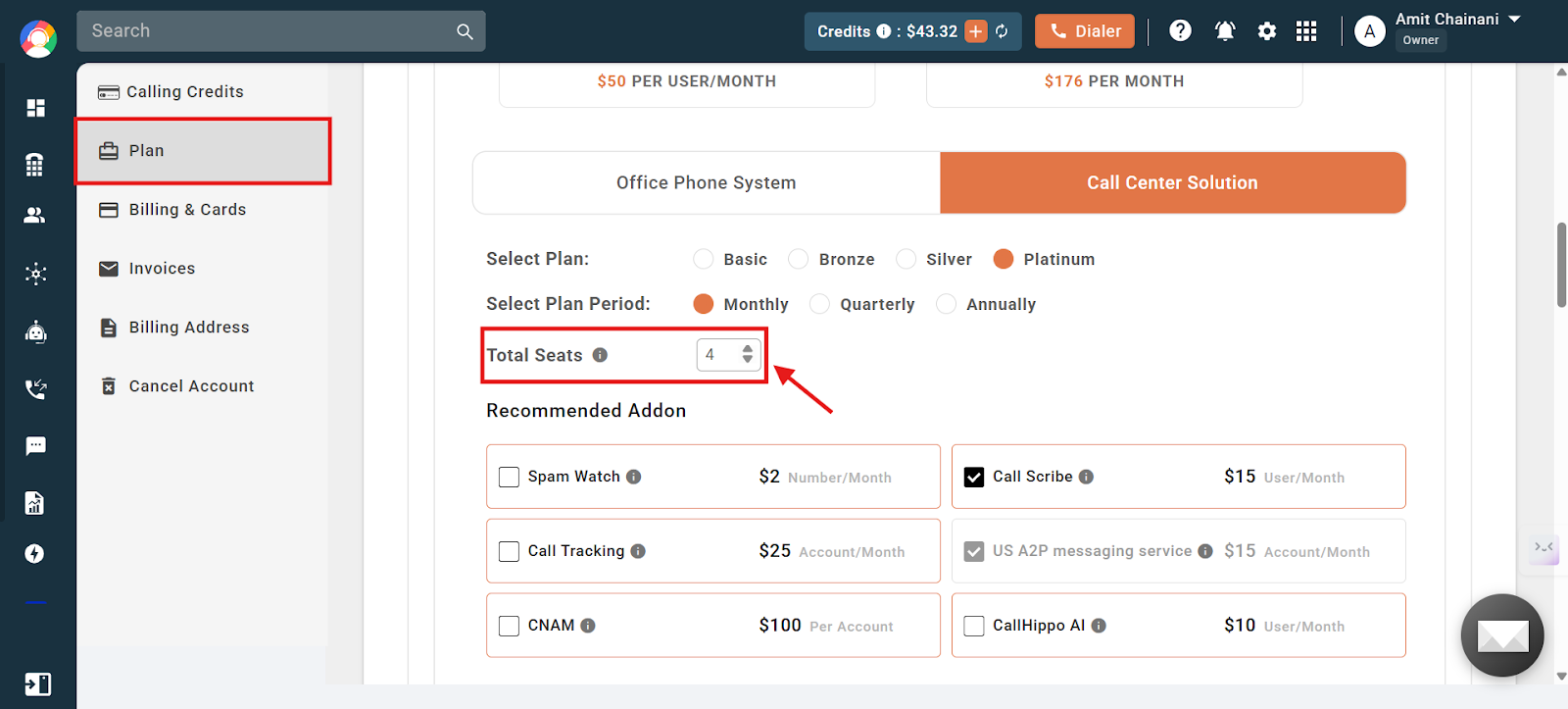 CallHippo Plan page with the Plan tab and Total Seats field highlighted