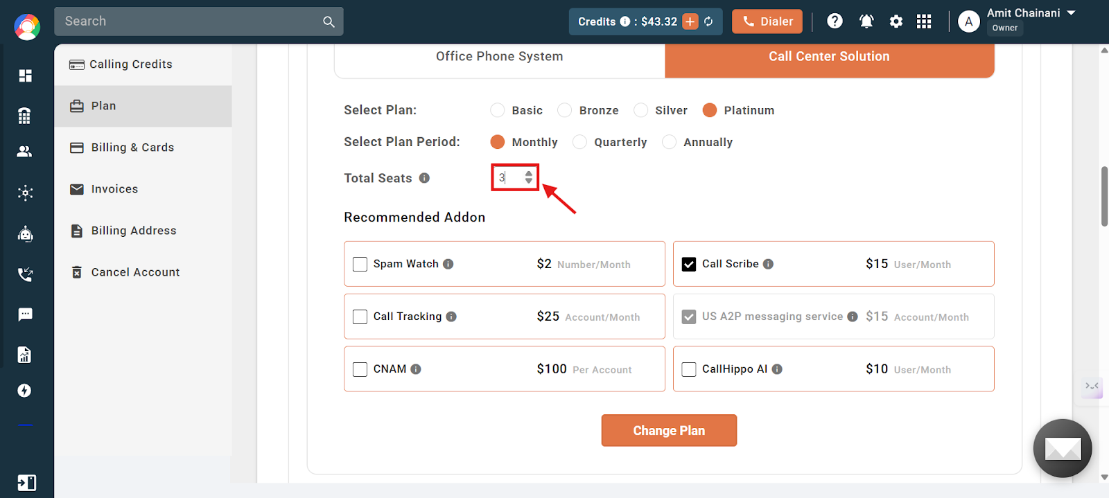 Total Seats field being changed using the arrow keys on the CallHippo Plan page