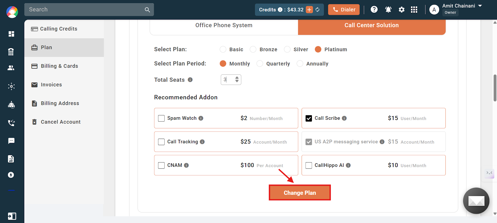 Change Plan button highlighted on the CallHippo Plan page