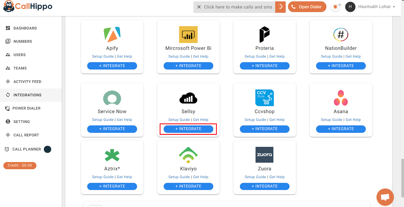 CallHippo Integrations grid with the Sellsy Integrate button highlighted