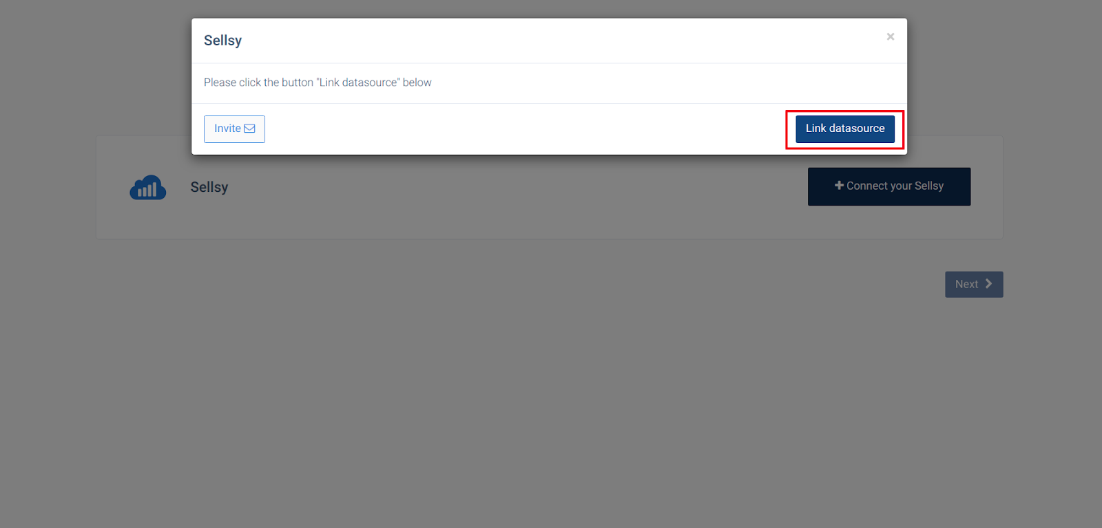 Sellsy popup with the Link datasource button highlighted