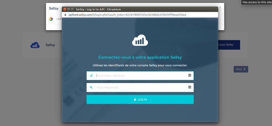 Sellsy login window asking for email address and password