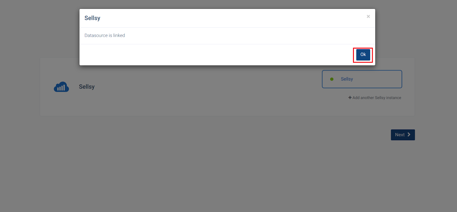 Sellsy popup confirming Datasource is linked with an Ok button