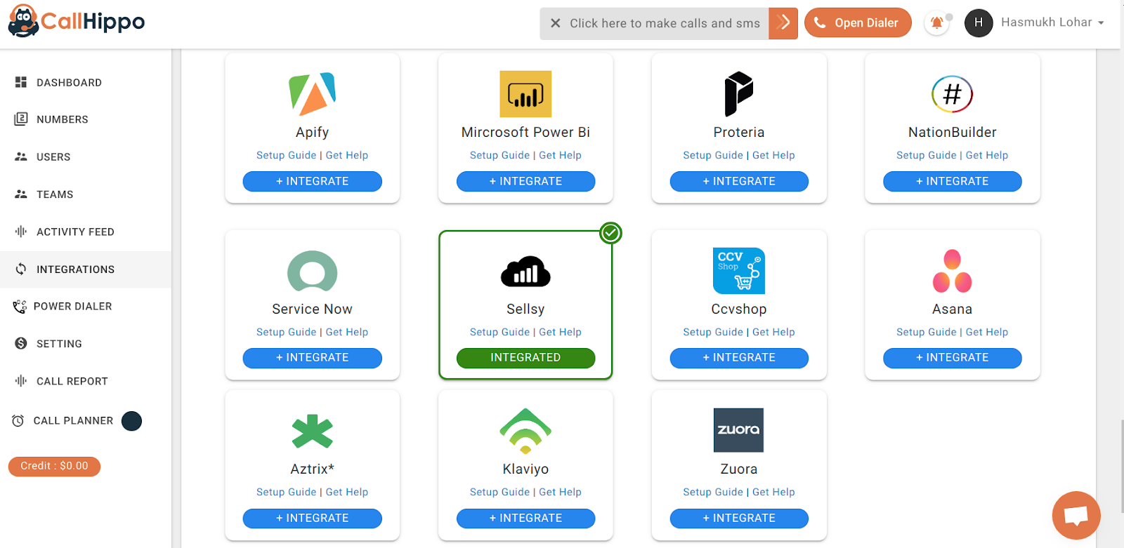 CallHippo Integrations grid showing Sellsy with Integrated status