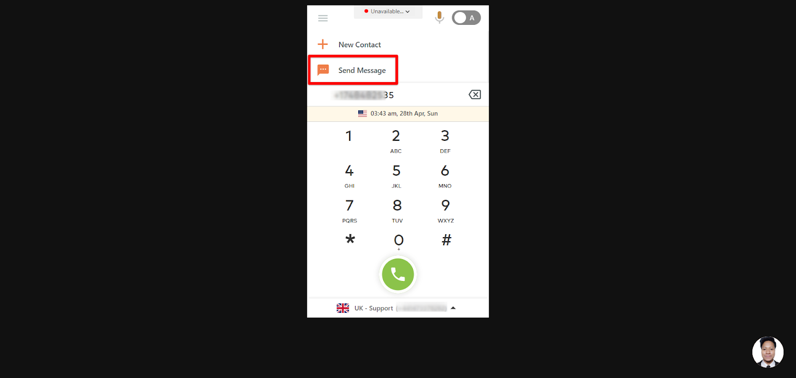 CallHippo dialer home screen with the Send Message option highlighted after typing a number