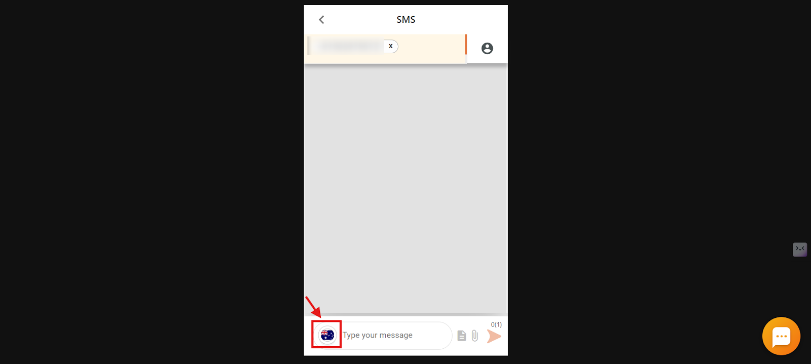 CallHippo SMS screen with the sender number flag selector highlighted