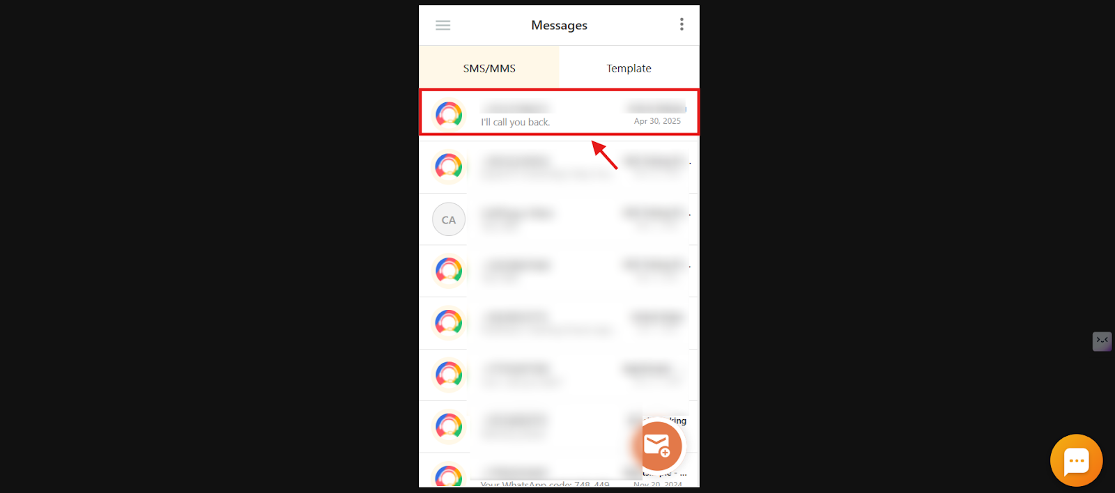 CallHippo Messages list with an ongoing SMS conversation thread highlighted