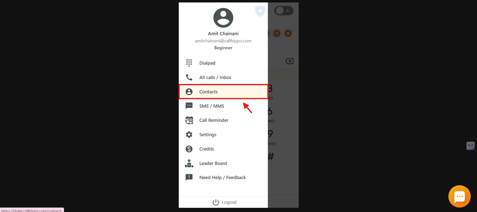 CallHippo dialer menu with the Contacts option highlighted