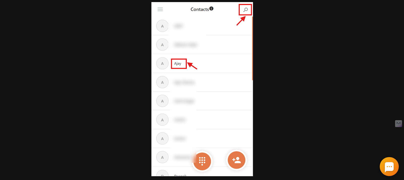 CallHippo Contacts list with the search icon and a contact name highlighted