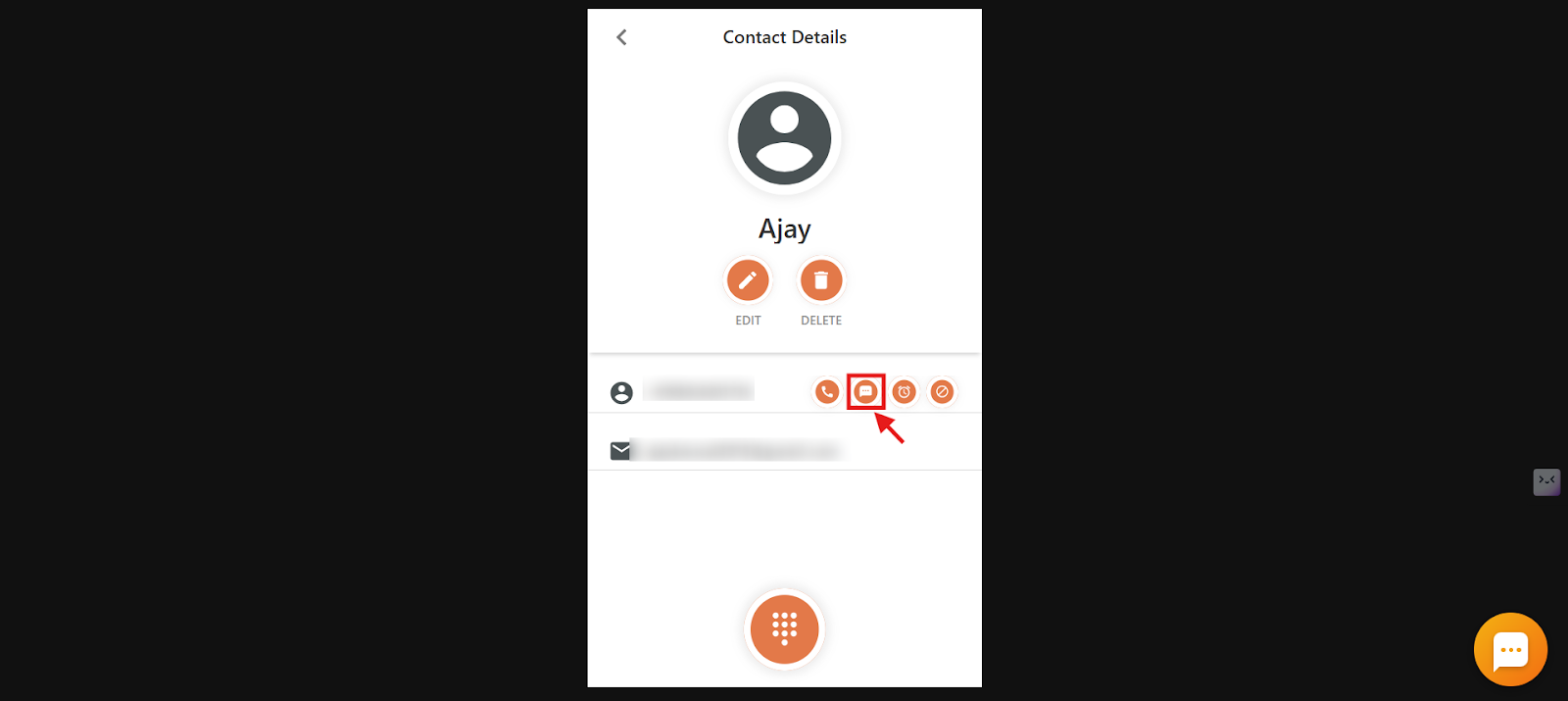 CallHippo Contact Details screen with the SMS icon highlighted next to the phone number