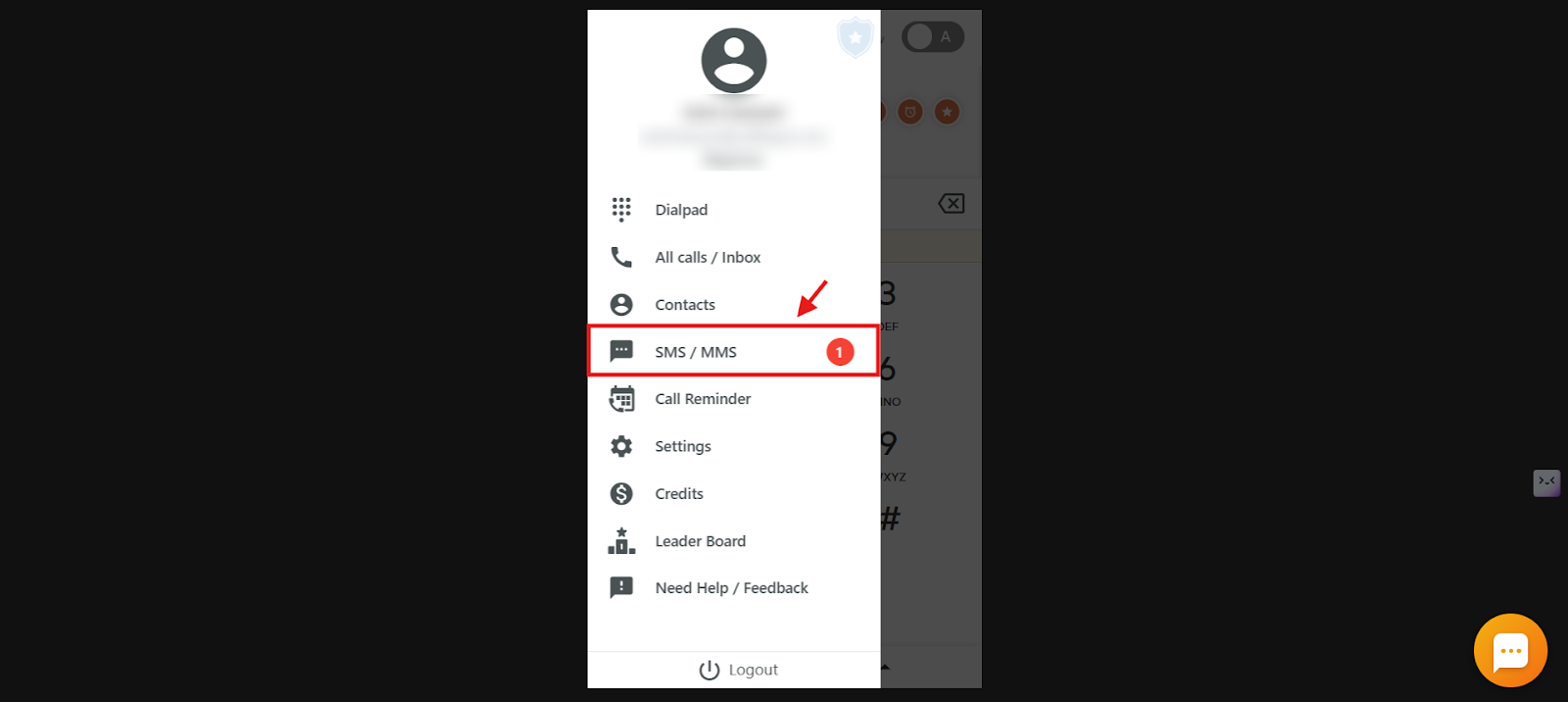 CallHippo dialer menu showing the SMS / MMS option with a red unread message count