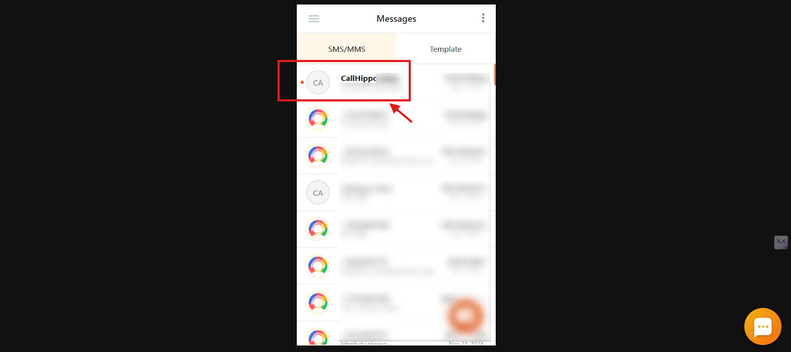 CallHippo Messages list with an unread SMS shown in bold with a red dot